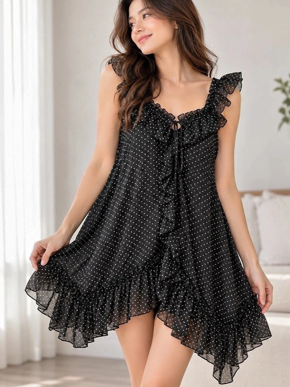 Fire Polka Dot Ruffle Mini Dress in Black & White Size Medium